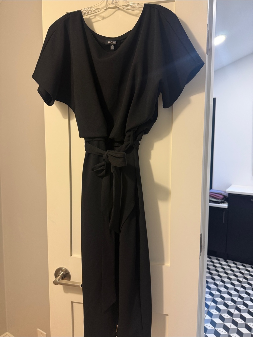 Kensie Black Long-Sleeve Belted Jumpsuit